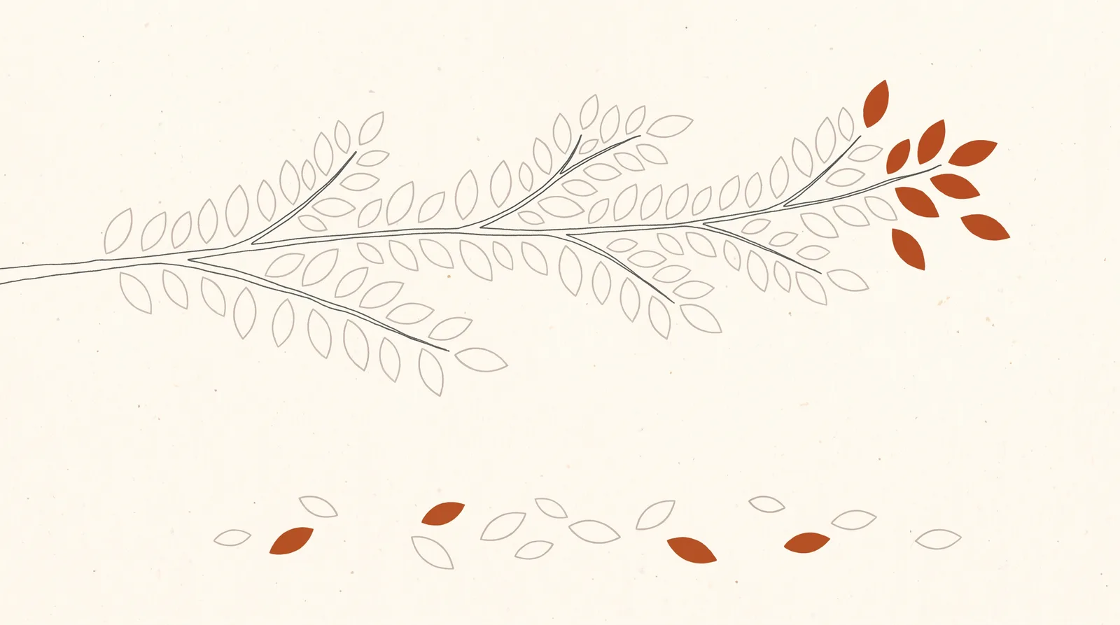 A fine-line drawing of a branch heavy with hundreds of faintly outlined leaves. Only a handful at the tip are filled in clay. More clay leaves lie pruned on the ground beneath it.